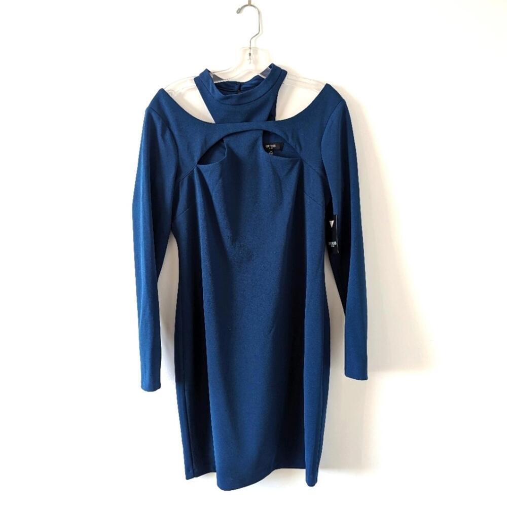 Guess Women's Blue Cowl Neck Dress, Size 14 Cutout Cocktail Dress Bodycon